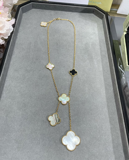 [Regal Gem]CLOVER 6 MOTIF MOP ONYX GOLD NECKLACE