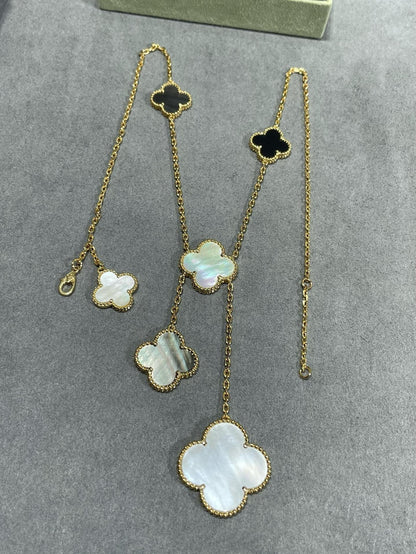 [Regal Gem]CLOVER 6 MOTIF MOP ONYX GOLD NECKLACE