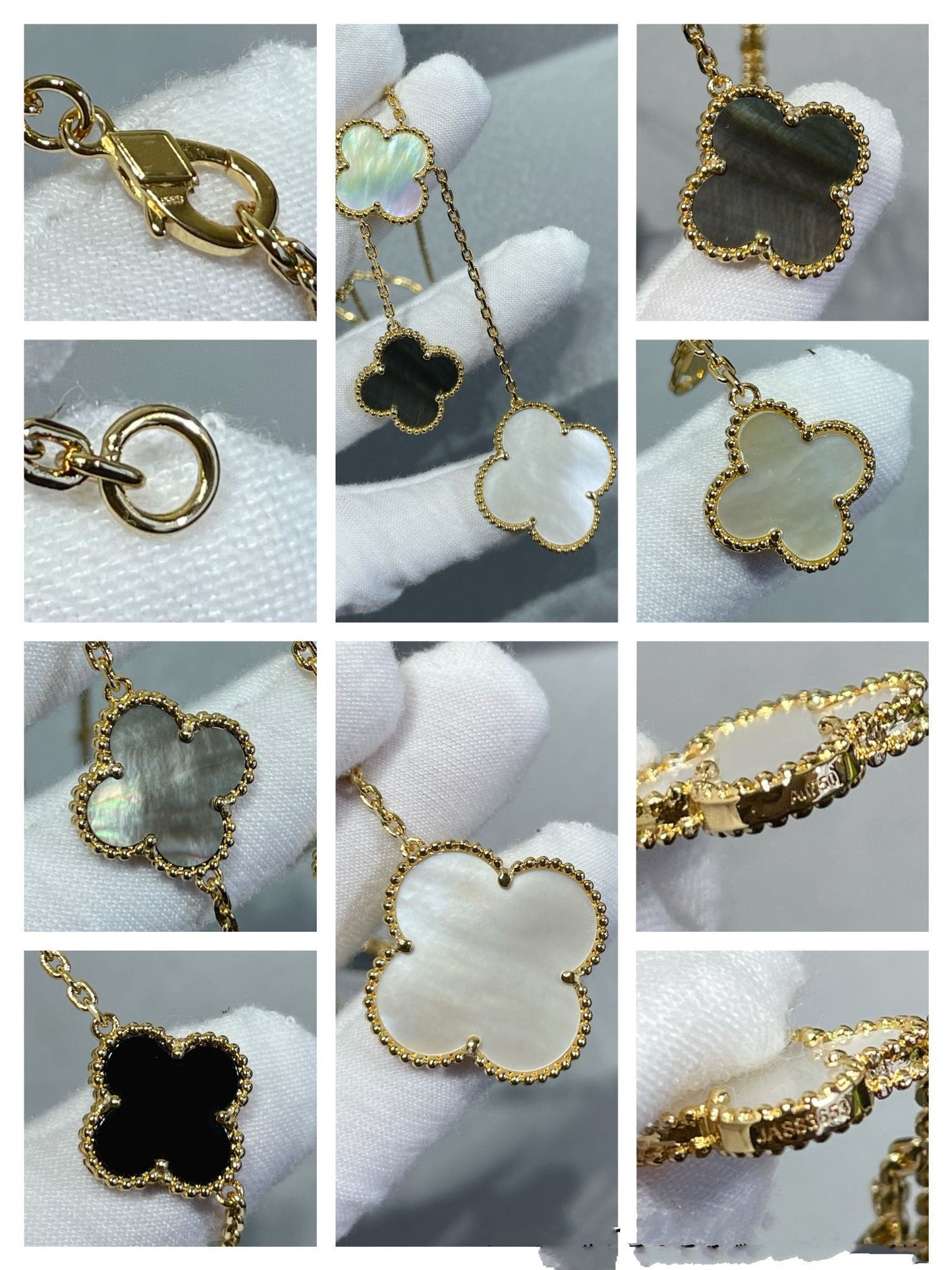 [Regal Gem]CLOVER 6 MOTIF MOP ONYX GOLD NECKLACE