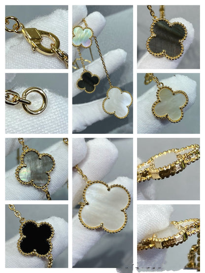 [Regal Gem]CLOVER 6 MOTIF MOP ONYX GOLD NECKLACE