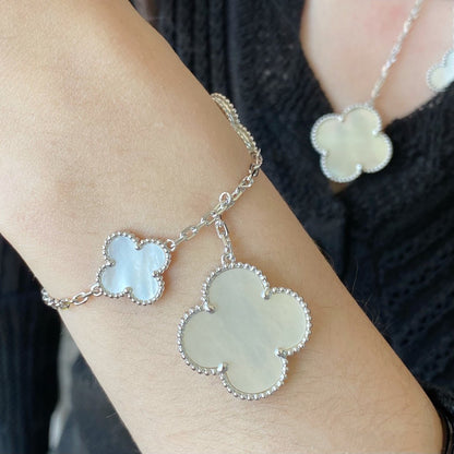 [Regal Gem]CLOVER 5 MOTIF WHITE MOP SILVER BRACELET