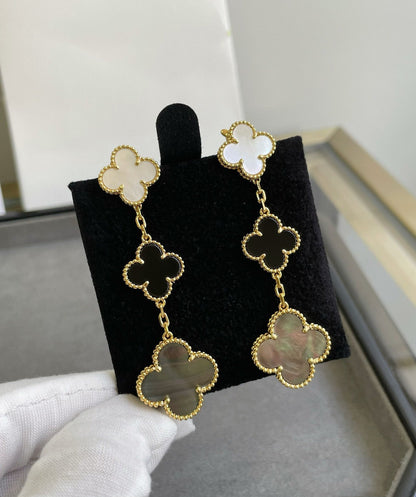 [Regal Gem]CLOVER 3 MOTIF MOP ONYX DARK MOP PINK GOLD EARRINGS