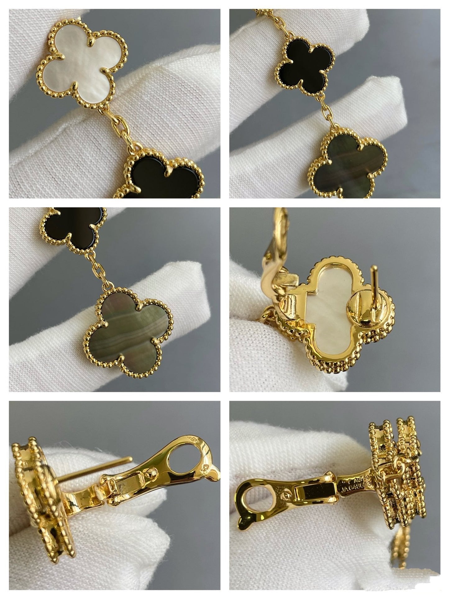 [Regal Gem]CLOVER 3 MOTIF MOP ONYX DARK MOP PINK GOLD EARRINGS