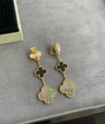 [Regal Gem]CLOVER 3 MOTIF MOP ONYX DARK MOP PINK GOLD EARRINGS