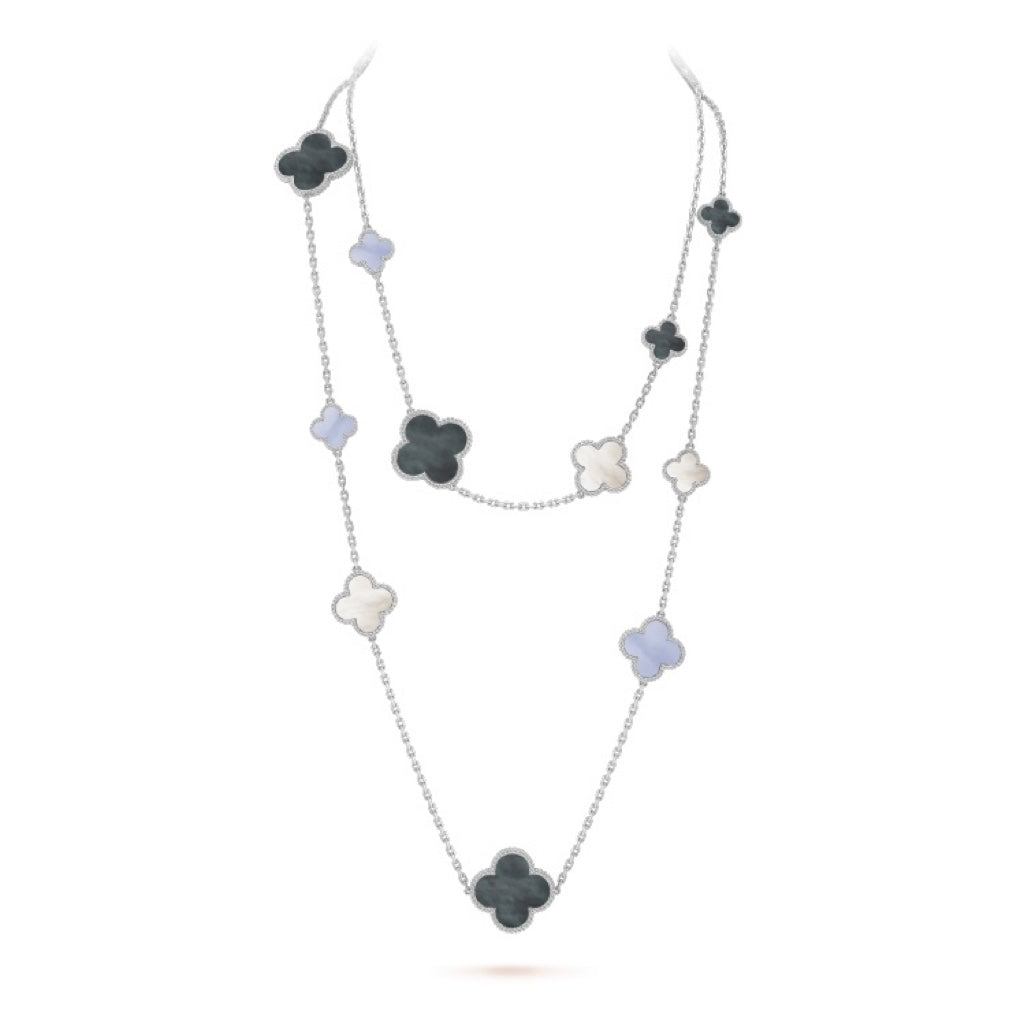 [Regal Gem]CLOVER 16 MOTIF CHALCEDONY MOP SILVER NECKLACE
