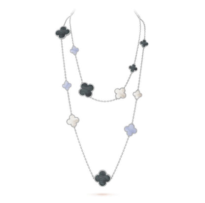 [Regal Gem]CLOVER 16 MOTIF CHALCEDONY MOP SILVER NECKLACE