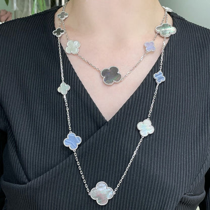 [Regal Gem]CLOVER 16 MOTIF CHALCEDONY MOP SILVER NECKLACE