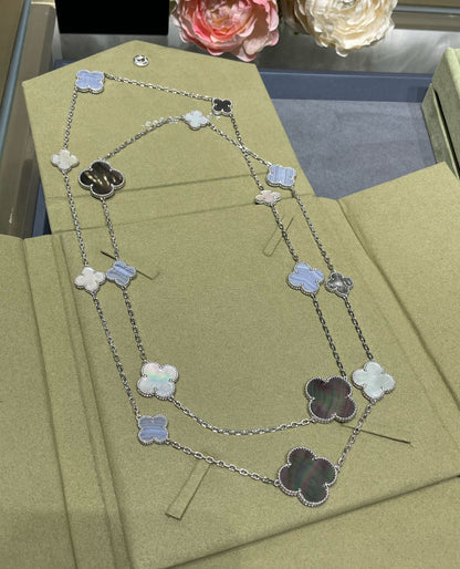 [Regal Gem]CLOVER 16 MOTIF CHALCEDONY MOP SILVER NECKLACE