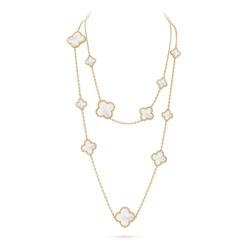 [Regal Gem]CLOVER 16 MOTIF WHITE MOP GOLD NECKLACE