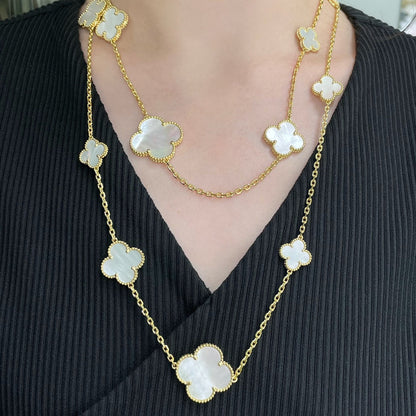 [Regal Gem]CLOVER 16 MOTIF WHITE MOP GOLD NECKLACE