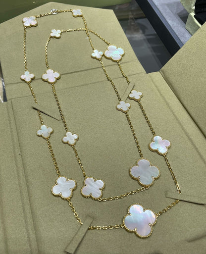 [Regal Gem]CLOVER 16 MOTIF WHITE MOP GOLD NECKLACE