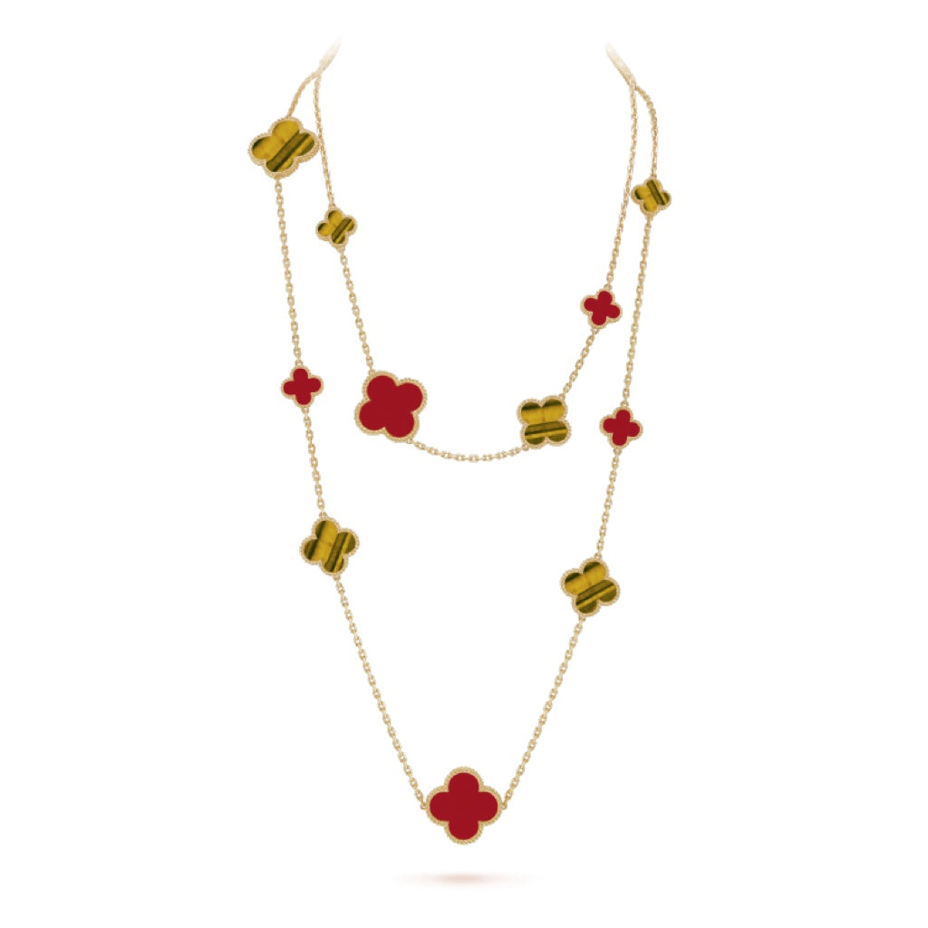 [Regal Gem]CLOVER 16 MOTIF CARNELIAN TIGER EYE Regal Gem GOLD NECKLACE