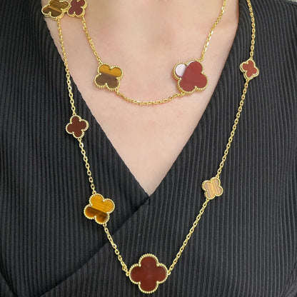 [Regal Gem]CLOVER 16 MOTIF CARNELIAN TIGER EYE Regal Gem GOLD NECKLACE