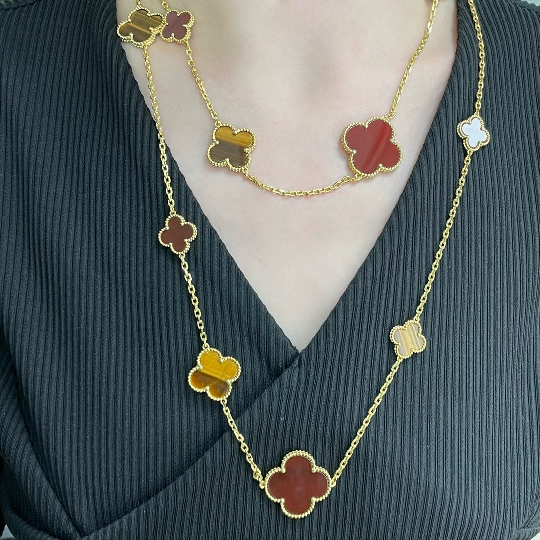 [Regal Gem]CLOVER 16 MOTIF CARNELIAN TIGER EYE Regal Gem GOLD NECKLACE