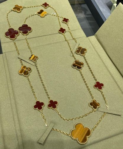 [Regal Gem]CLOVER 16 MOTIF CARNELIAN TIGER EYE Regal Gem GOLD NECKLACE