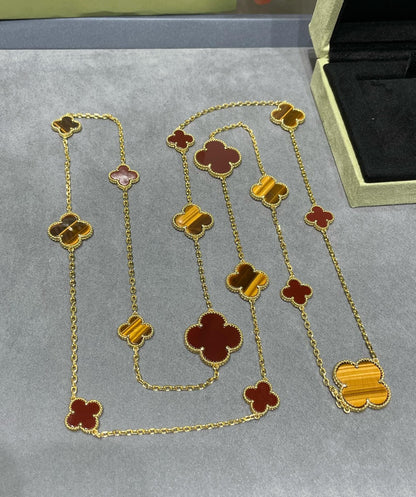 [Regal Gem]CLOVER 16 MOTIF CARNELIAN TIGER EYE Regal Gem GOLD NECKLACE