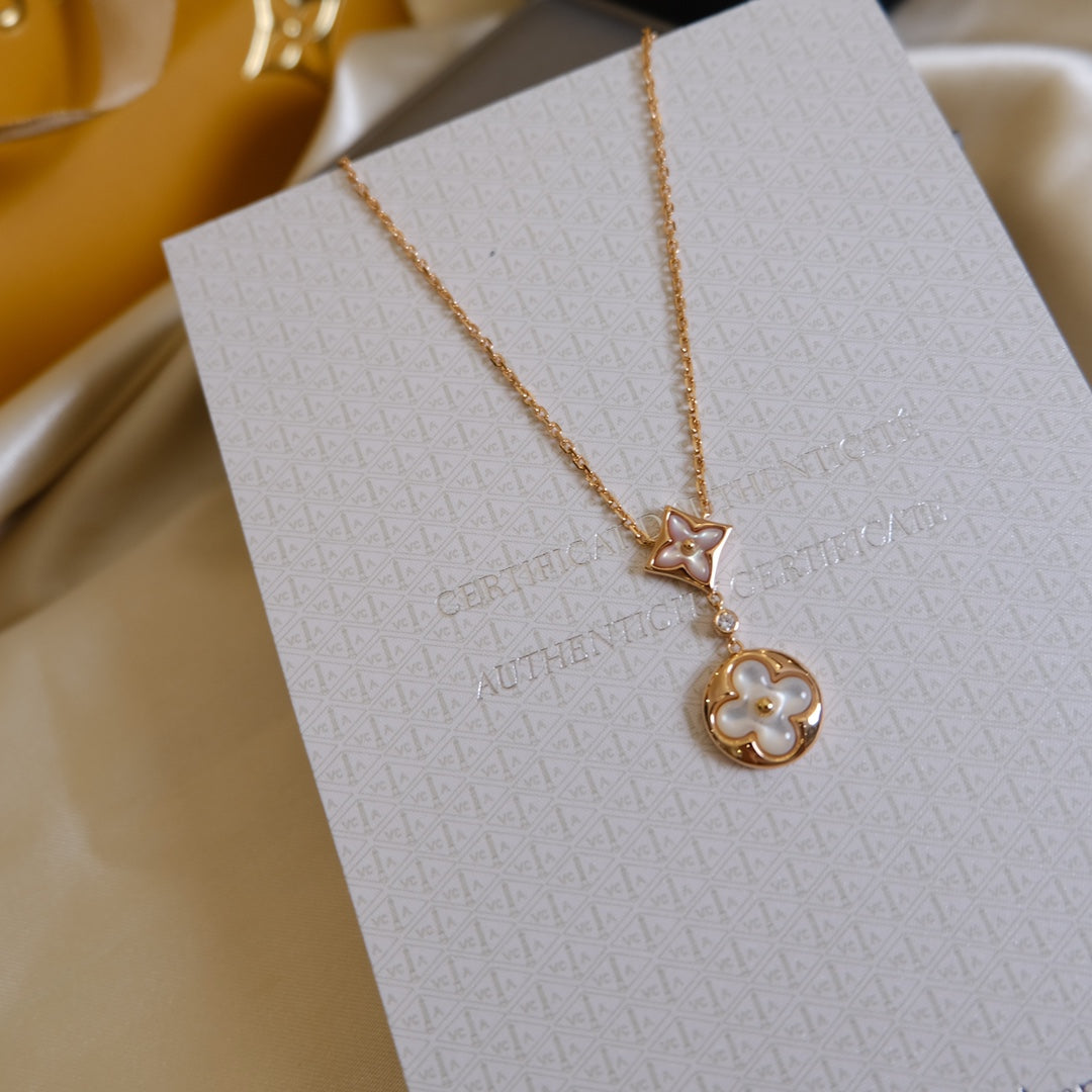[Regal Gem]STAR AND SUN WHITE MOP 2 MOTIF PINK GOLD NECKLACE
