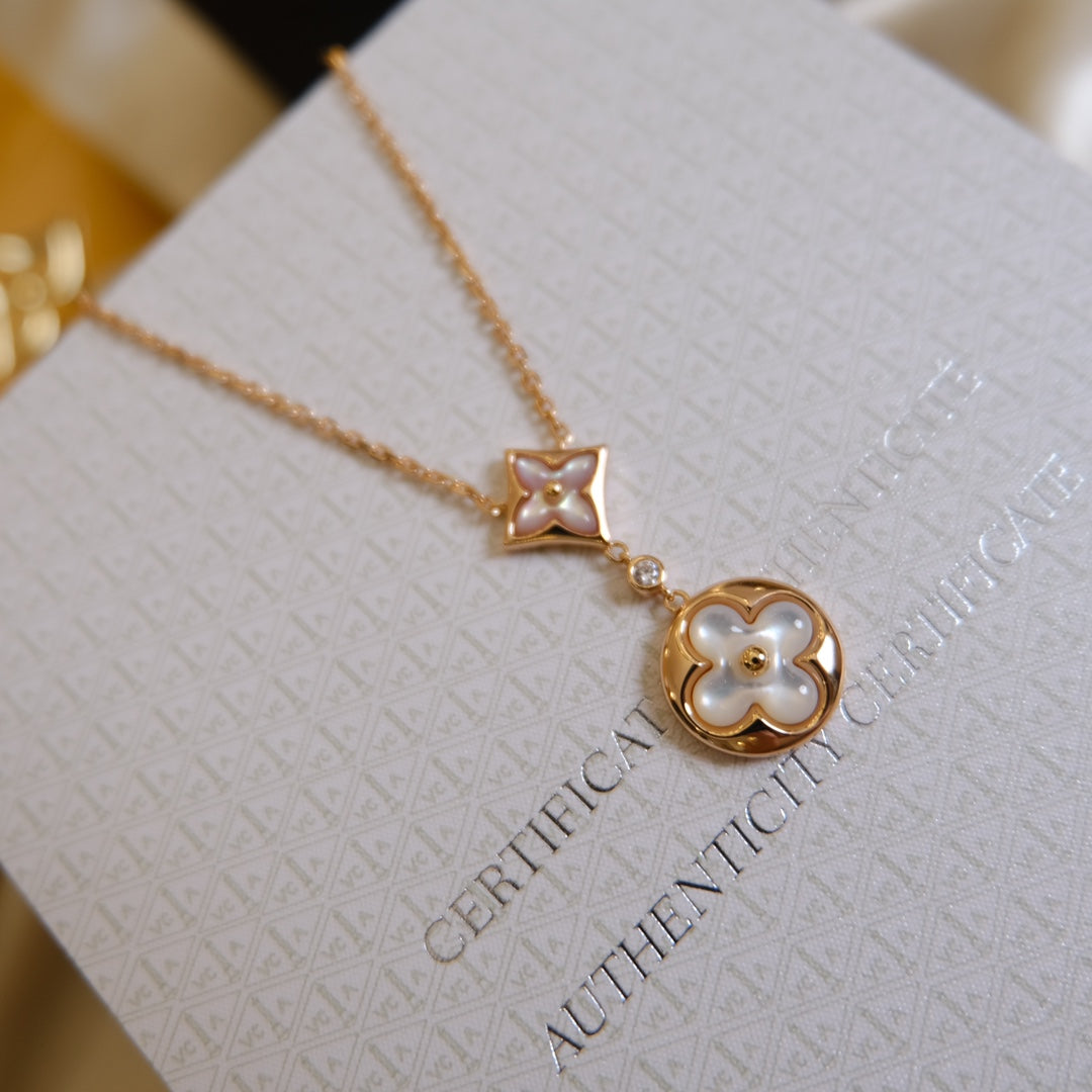 [Regal Gem]STAR AND SUN WHITE MOP 2 MOTIF PINK GOLD NECKLACE