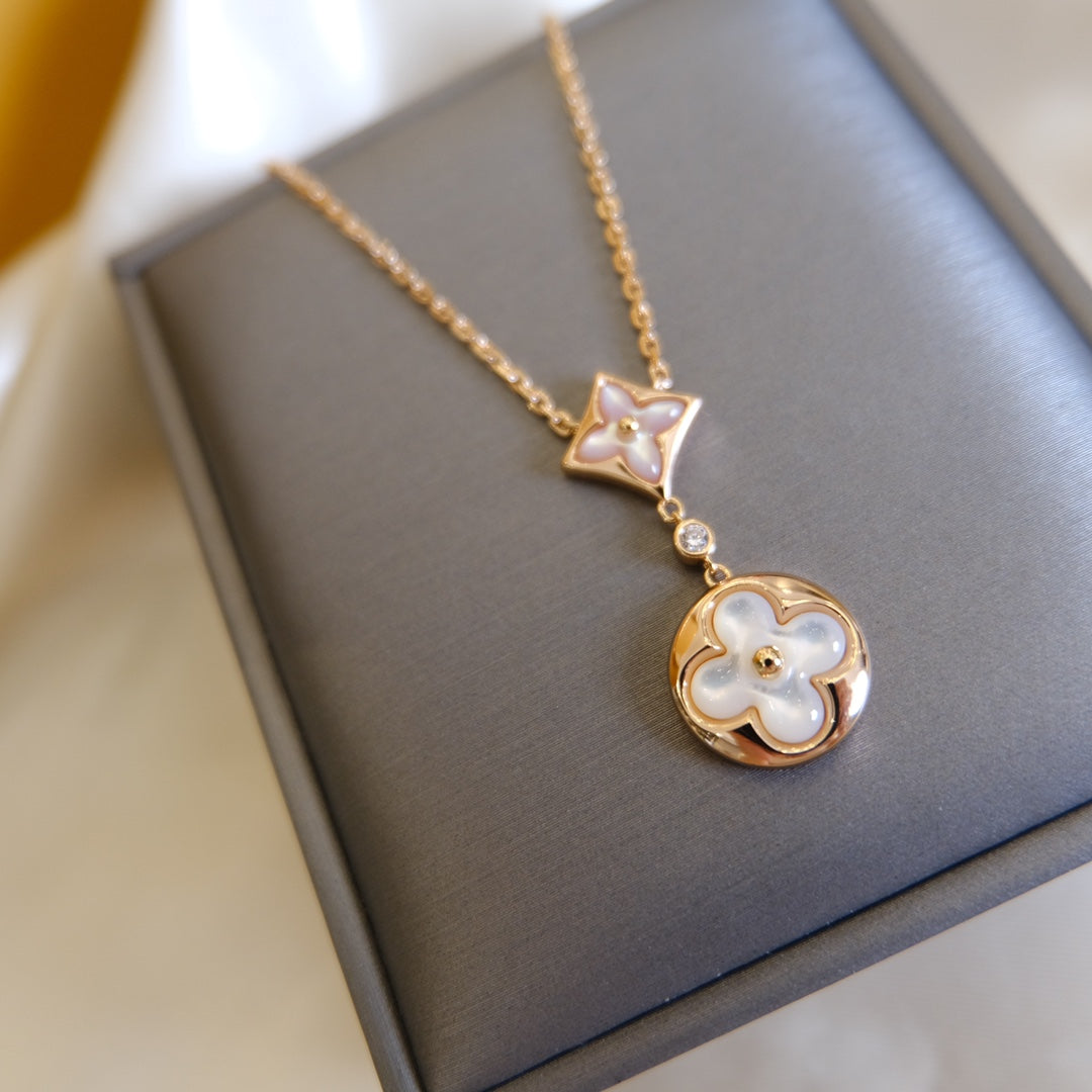[Regal Gem]STAR AND SUN WHITE MOP 2 MOTIF PINK GOLD NECKLACE