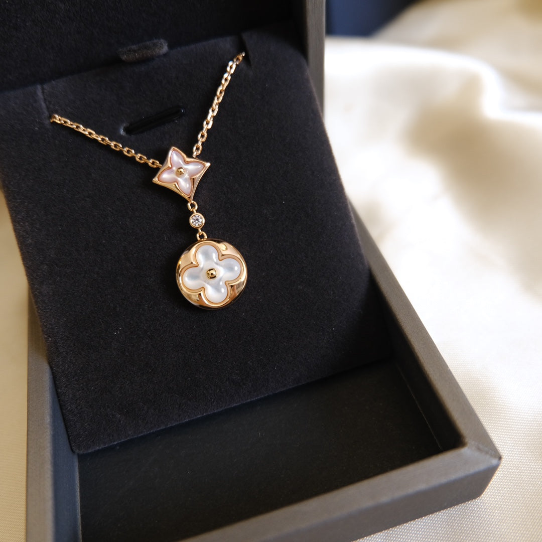 [Regal Gem]STAR AND SUN WHITE MOP 2 MOTIF PINK GOLD NECKLACE