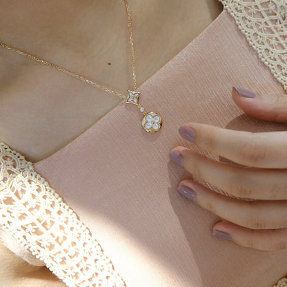 [Regal Gem]STAR AND SUN WHITE MOP 2 MOTIF PINK GOLD NECKLACE