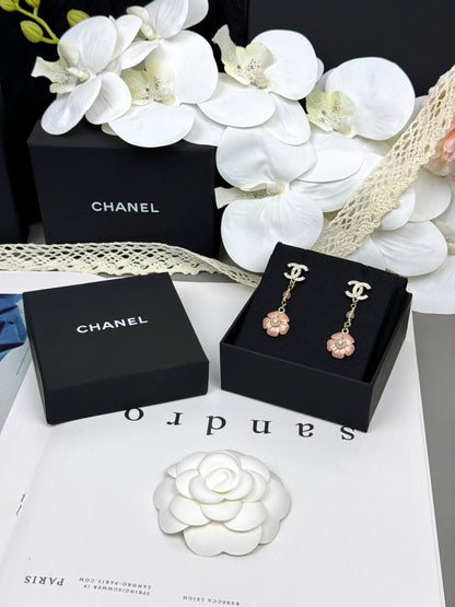 [Regal Gem]26C Pink Camellia Enamel Pendant with Double C Earrings