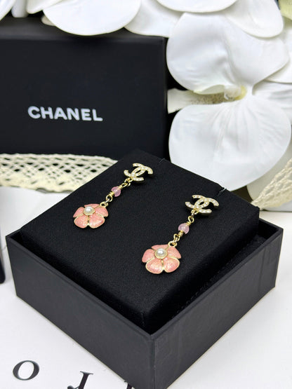[Regal Gem]26C Pink Camellia Enamel Pendant with Double C Earrings