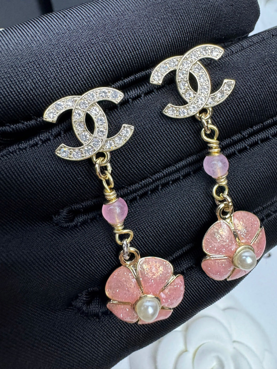 [Regal Gem]26C Pink Camellia Enamel Pendant with Double C Earrings