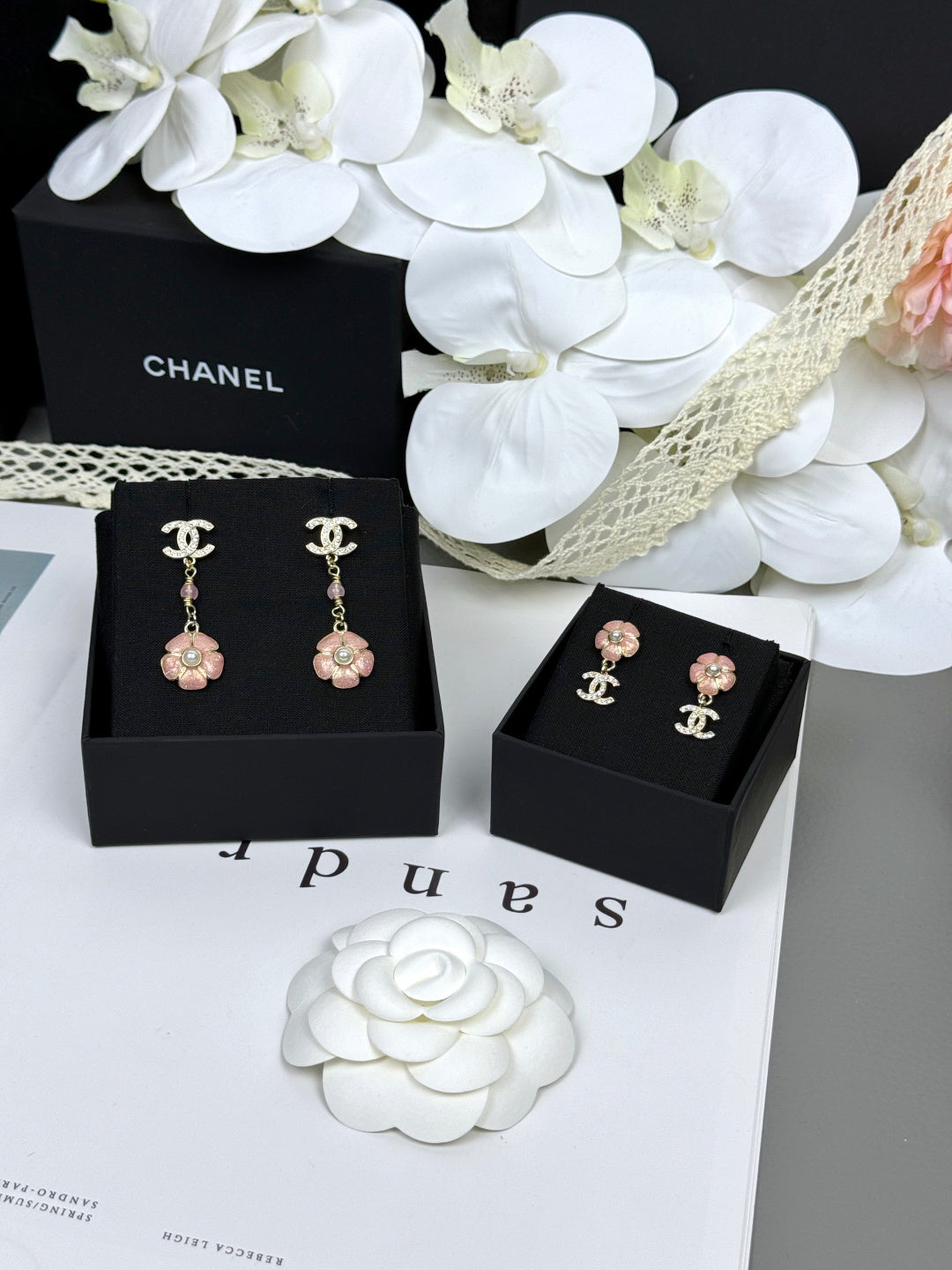 [Regal Gem]26C Pink Camellia Enamel Pendant with Double C Earrings