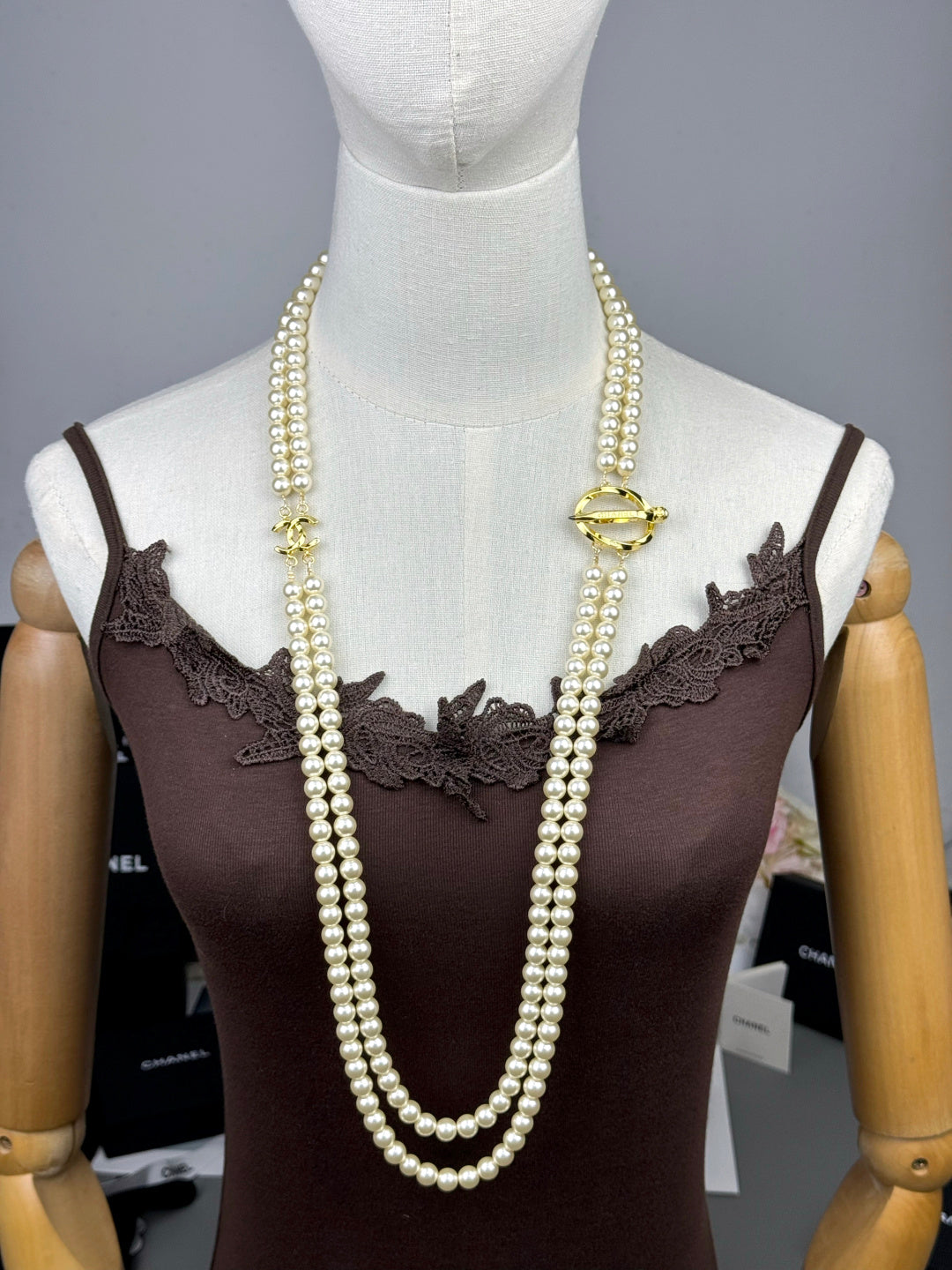 [Regal Gem]25K Pencil Double C Double-Layer Pearl Sweater Chain