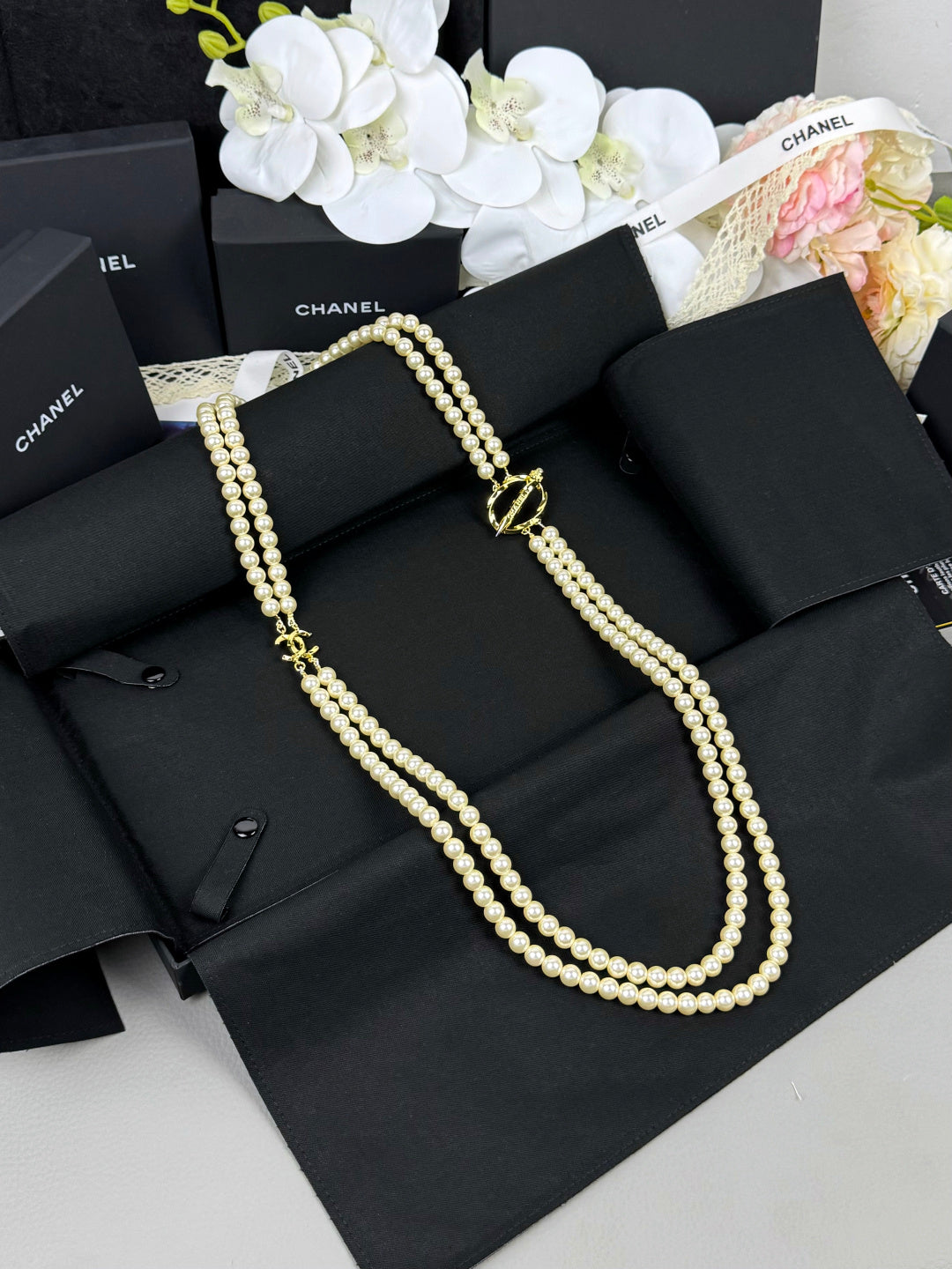 [Regal Gem]25K Pencil Double C Double-Layer Pearl Sweater Chain
