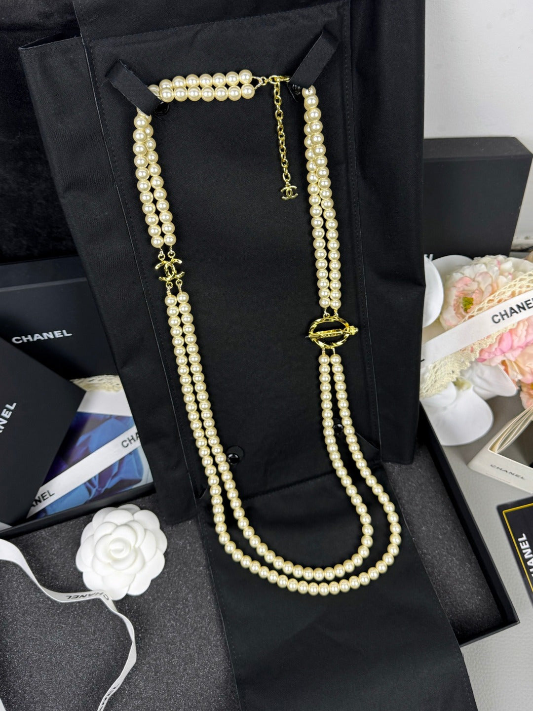 [Regal Gem]25K Pencil Double C Double-Layer Pearl Sweater Chain