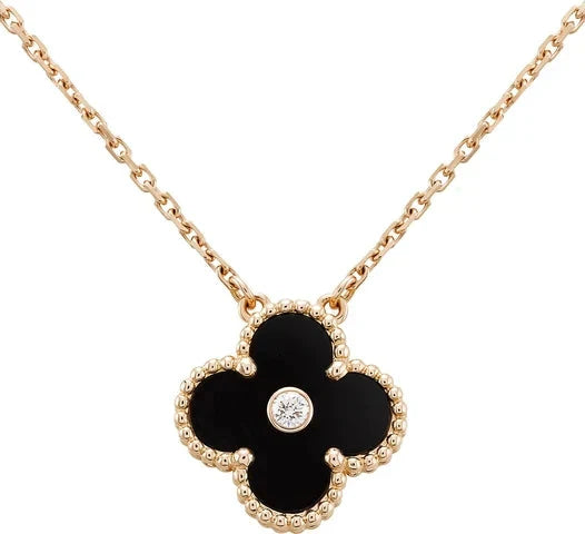 [Regal Gem]CLOVER 15MM DIAMOND ONYX NECKLACE