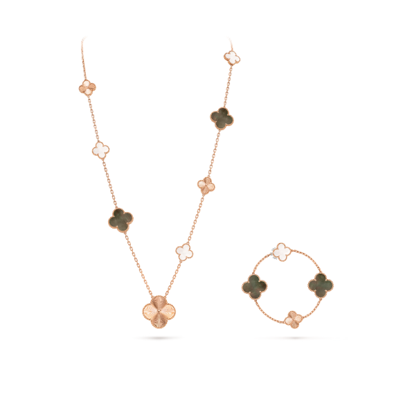 [Regal Gem]DETACHABLE CLOVER 15(11+4) FLOWER SILVER NECKLACE SET