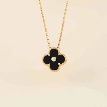 [Regal Gem]CLOVER 15MM DIAMOND ONYX NECKLACE