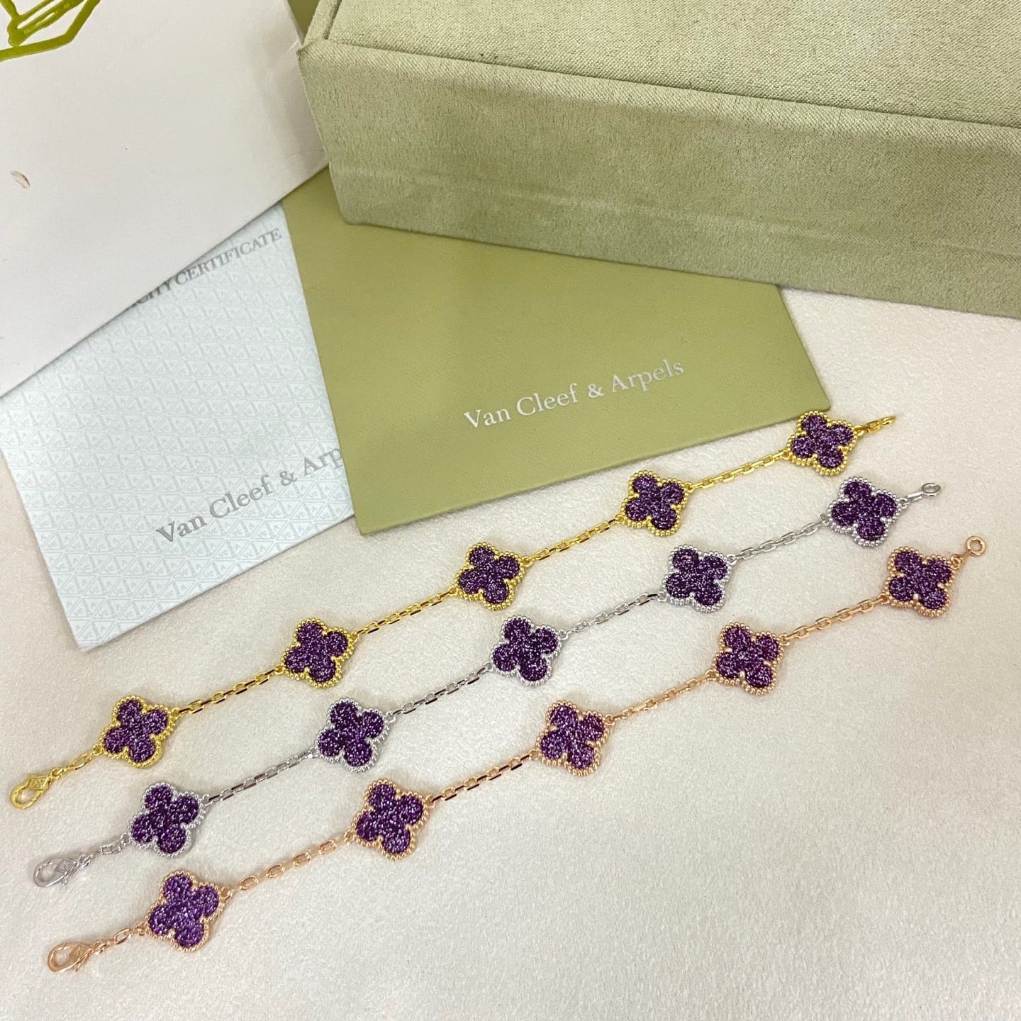 [Regal Gem]NEW PURPLE SAND-GOLD FOUR-LEAF CLOVER 5-FLOWER BRACELET