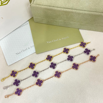 [Regal Gem]NEW PURPLE SAND-GOLD FOUR-LEAF CLOVER 5-FLOWER BRACELET