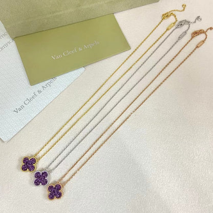[Regal Gem Jewelry]NEW 15MM PURPLE SAND-GOLD FOUR-LEAF CLOVER NECKLACE