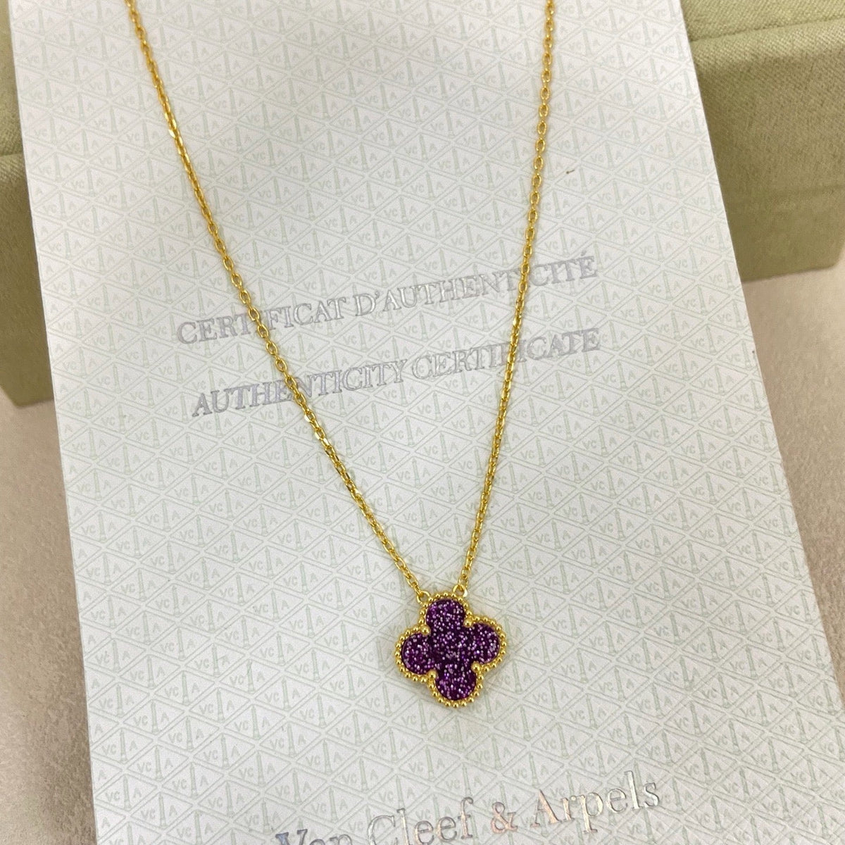 [Regal Gem Jewelry]NEW 15MM PURPLE SAND-GOLD FOUR-LEAF CLOVER NECKLACE
