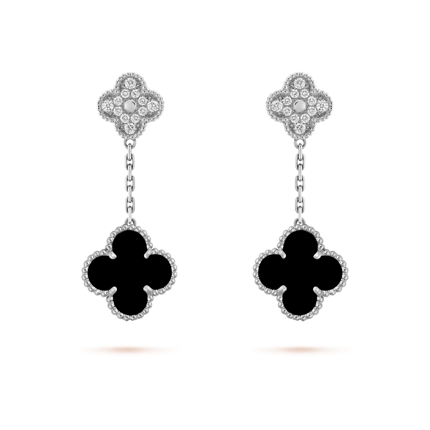 [Regal Gem]CLOVER 2 MOTIFS  DIAMOND ONYX EARRINGS SILVER