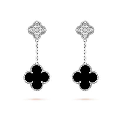[Regal Gem]CLOVER 2 MOTIFS  DIAMOND ONYX EARRINGS SILVER