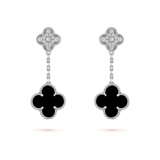 [Regal Gem]CLOVER 2 MOTIFS  DIAMOND ONYX EARRINGS SILVER