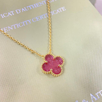 [Regal Gem]15MM BUBBLE PINK ENAMEL SINGLE-FLOWER FOUR-LEAF CLOVER NECKLACE