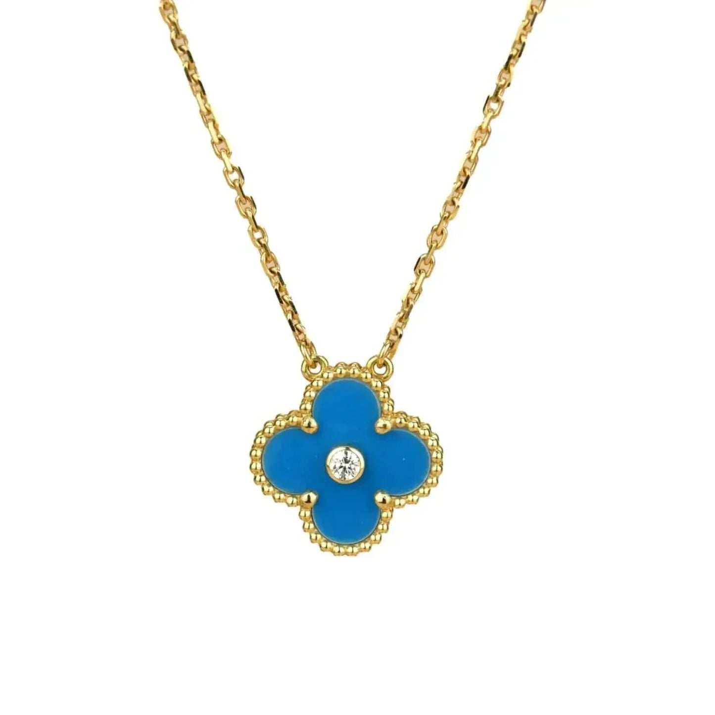 [Regal Gem]CLOVER 15MM DIAMOND AND BLUE AGATE NECKLACE