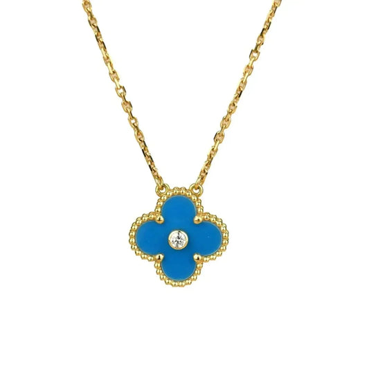 [Regal Gem]CLOVER 15MM DIAMOND AND BLUE AGATE NECKLACE