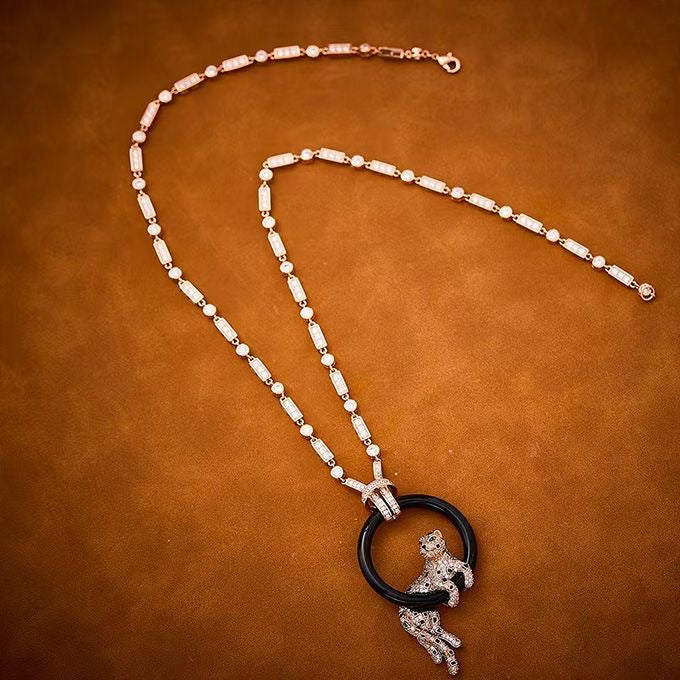 [Regal Gem jewelrys]NEW BLACK CIRCLE PANTHER FULL DIAMOND NECKLACE