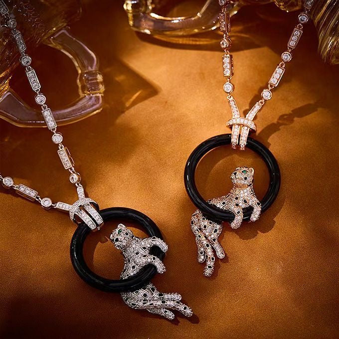 [Regal Gem jewelrys]NEW BLACK CIRCLE PANTHER FULL DIAMOND NECKLACE