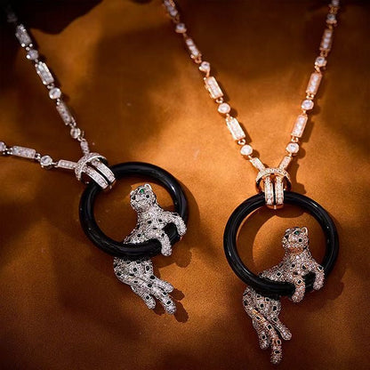 [Regal Gem jewelrys]NEW BLACK CIRCLE PANTHER FULL DIAMOND NECKLACE