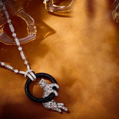 [Regal Gem jewelrys]NEW BLACK CIRCLE PANTHER FULL DIAMOND NECKLACE