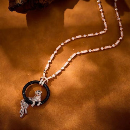 [Regal Gem jewelrys]NEW BLACK CIRCLE PANTHER FULL DIAMOND NECKLACE